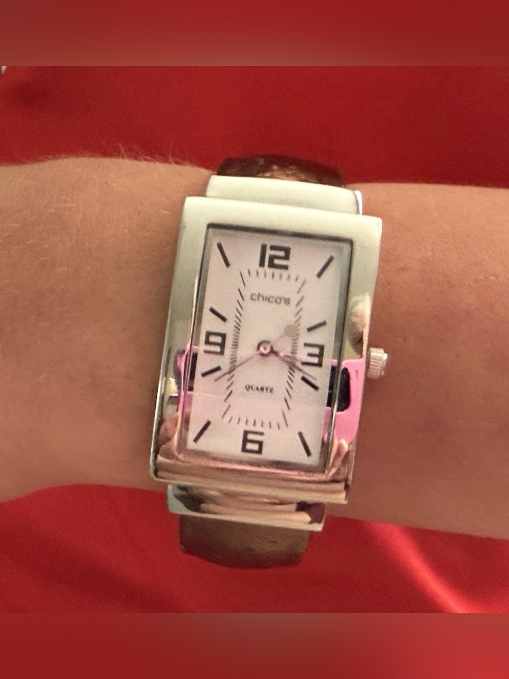 Chico’s Quartz Cuff Watch Silver Tone Rectangular Face , Brown Leather Band